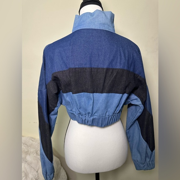 Stylish Blue and Black Women's Cropped Jacket faux denim - Picture 5 of 8